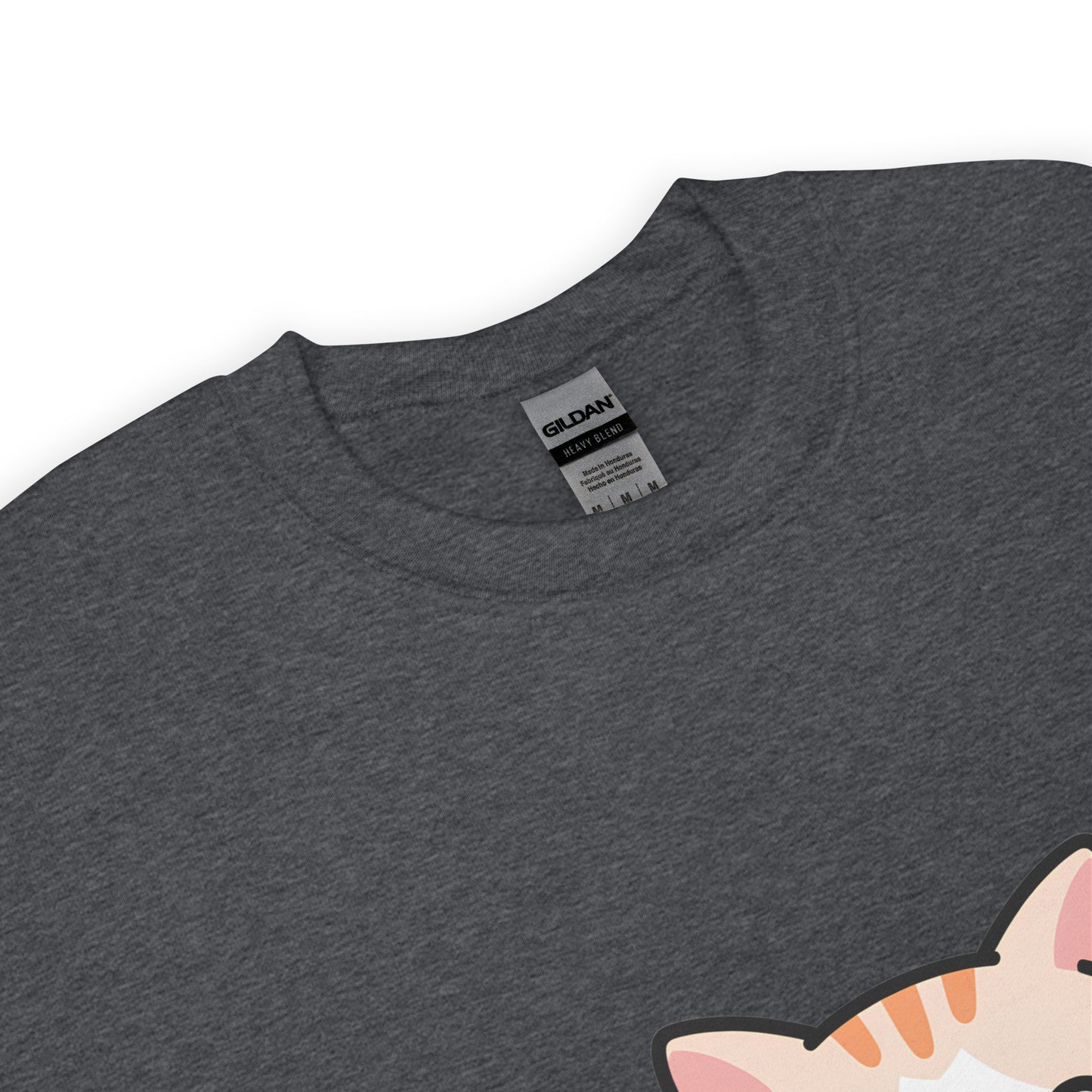 Close-up of dark heather crewneck sweatshirt collar with a partial view of a printed cartoon cat ear.
