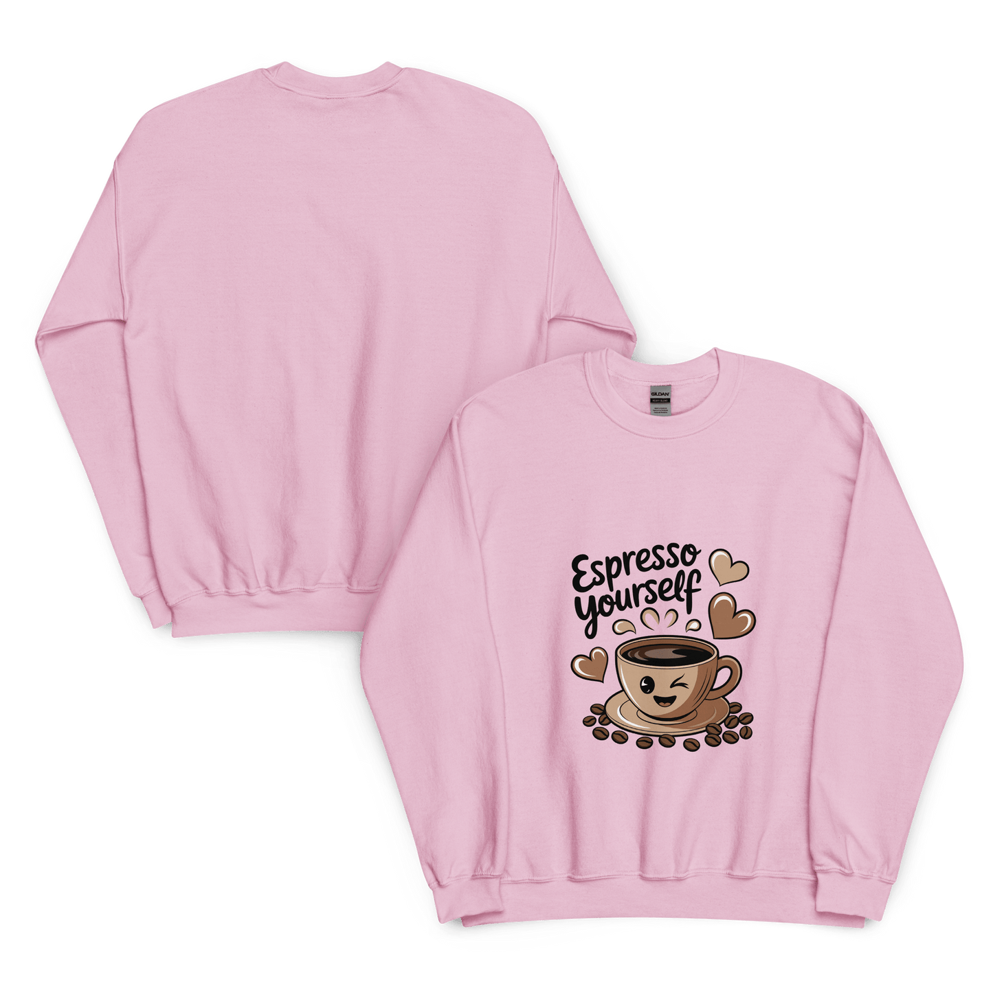 Soft pink unisex crewneck sweatshirt shown front and back, featuring a cute “Espresso Yourself” design with coffee cup, beans, and hearts illustration.