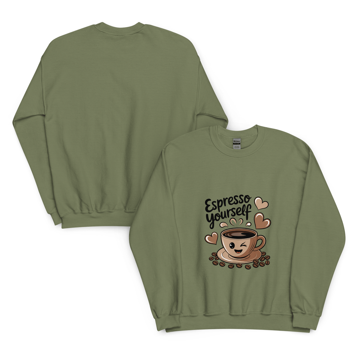 Military green unisex crewneck sweatshirt shown front and back, featuring a cute “Espresso Yourself” design with coffee cup, beans, and hearts illustration.