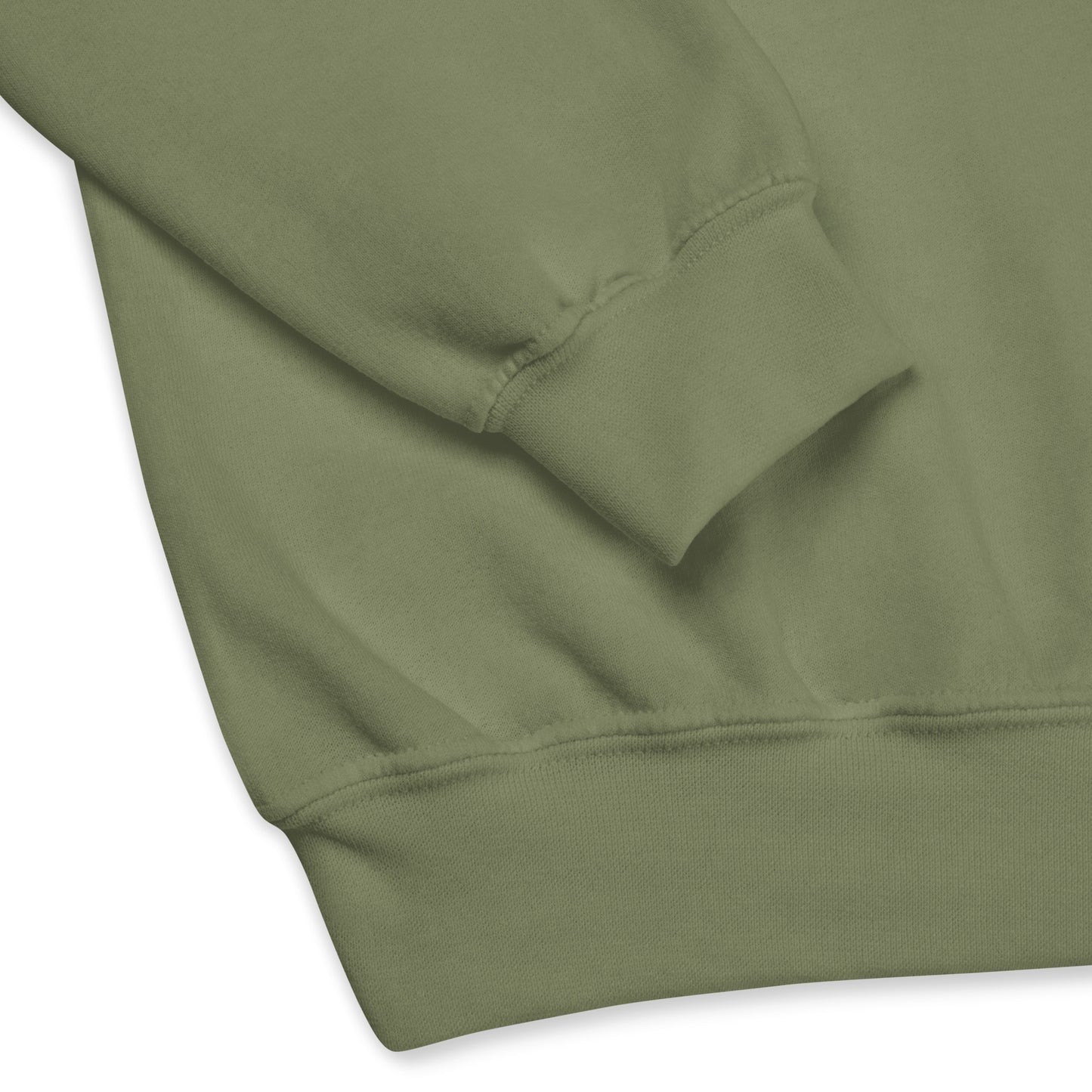 Close-up of the cuff and waistband of a military green crew neck sweatshirt, showing the soft fabric texture and stitching details.