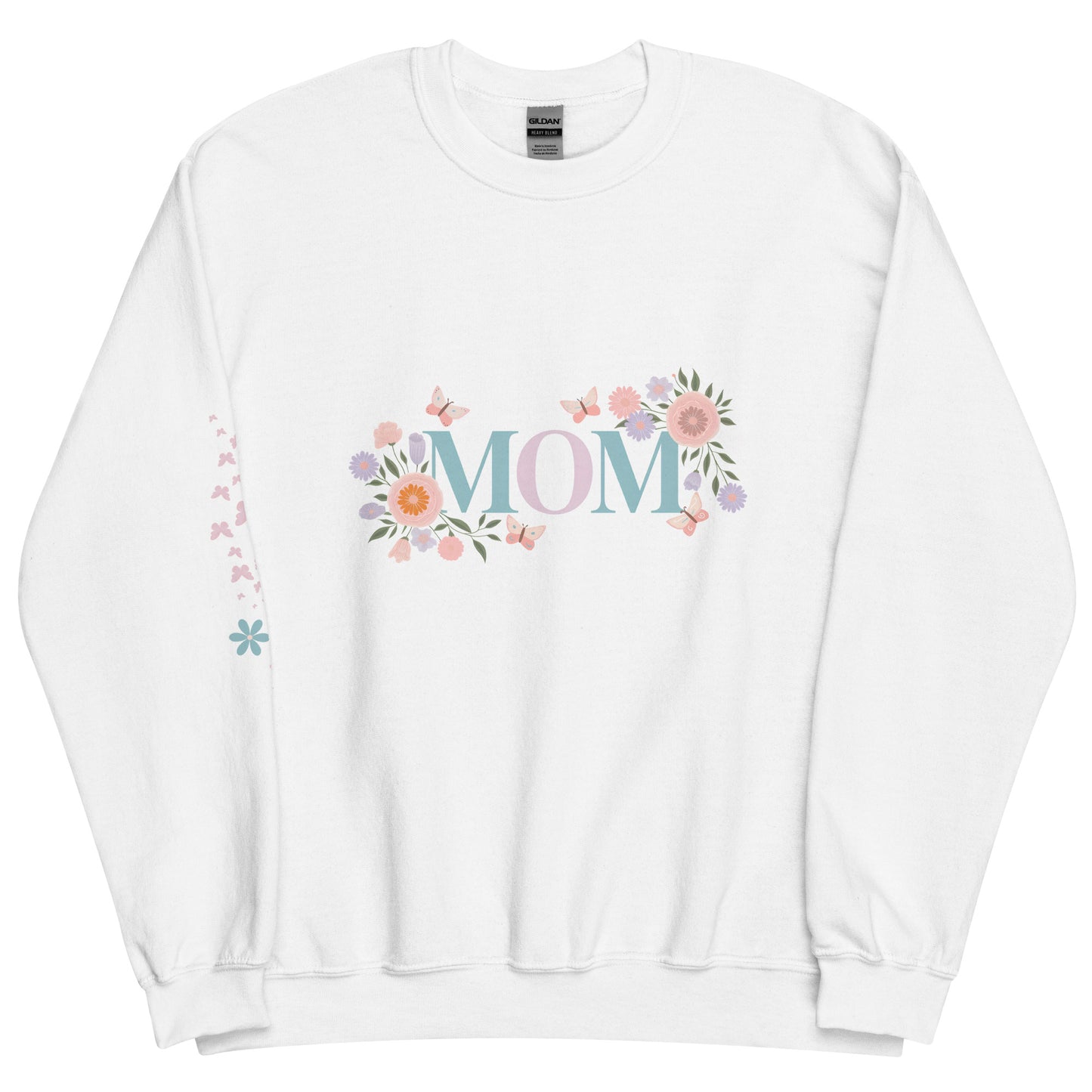 White sweatshirt with elegant “MOM” floral lettering design, laid flat on white background – a soft and feminine gift for moms.