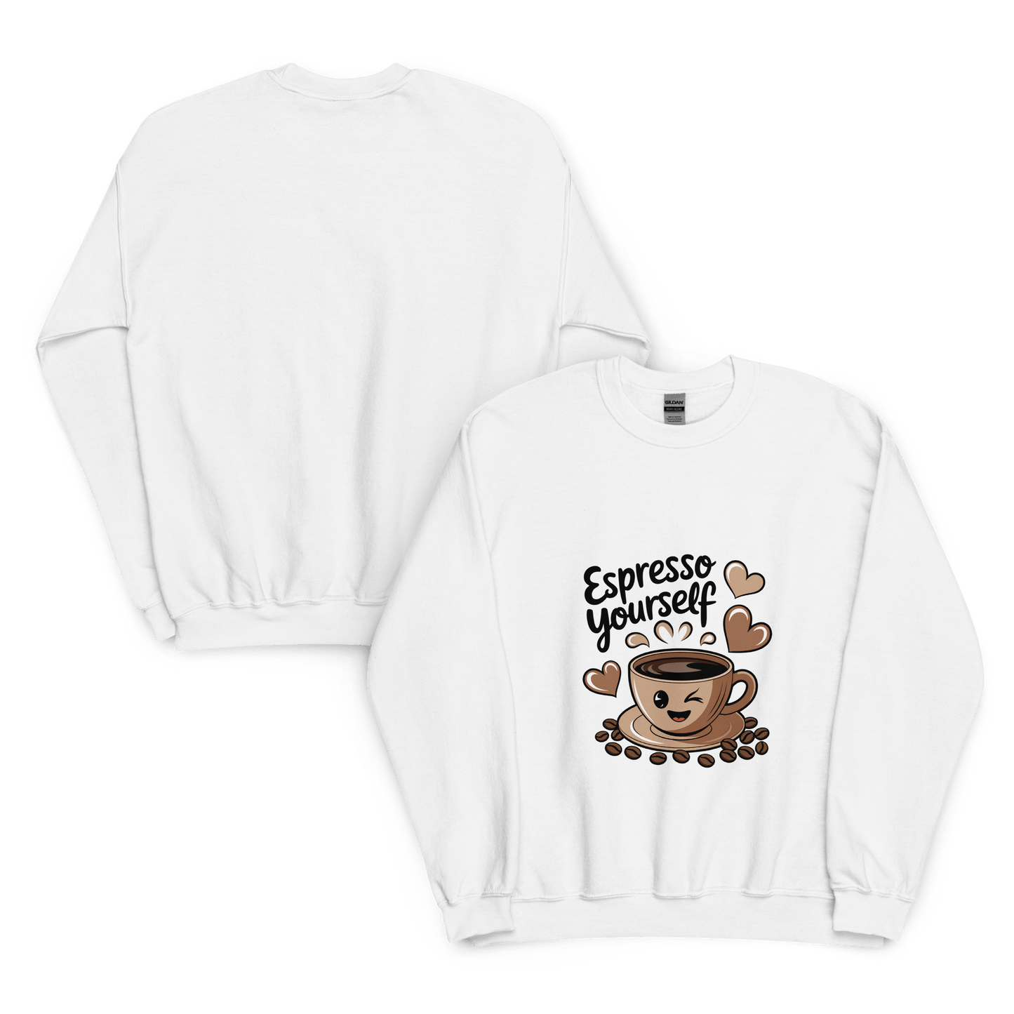 White unisex crewneck sweatshirt shown front and back, featuring a cute “Espresso Yourself” design with coffee cup, beans, and hearts illustration.