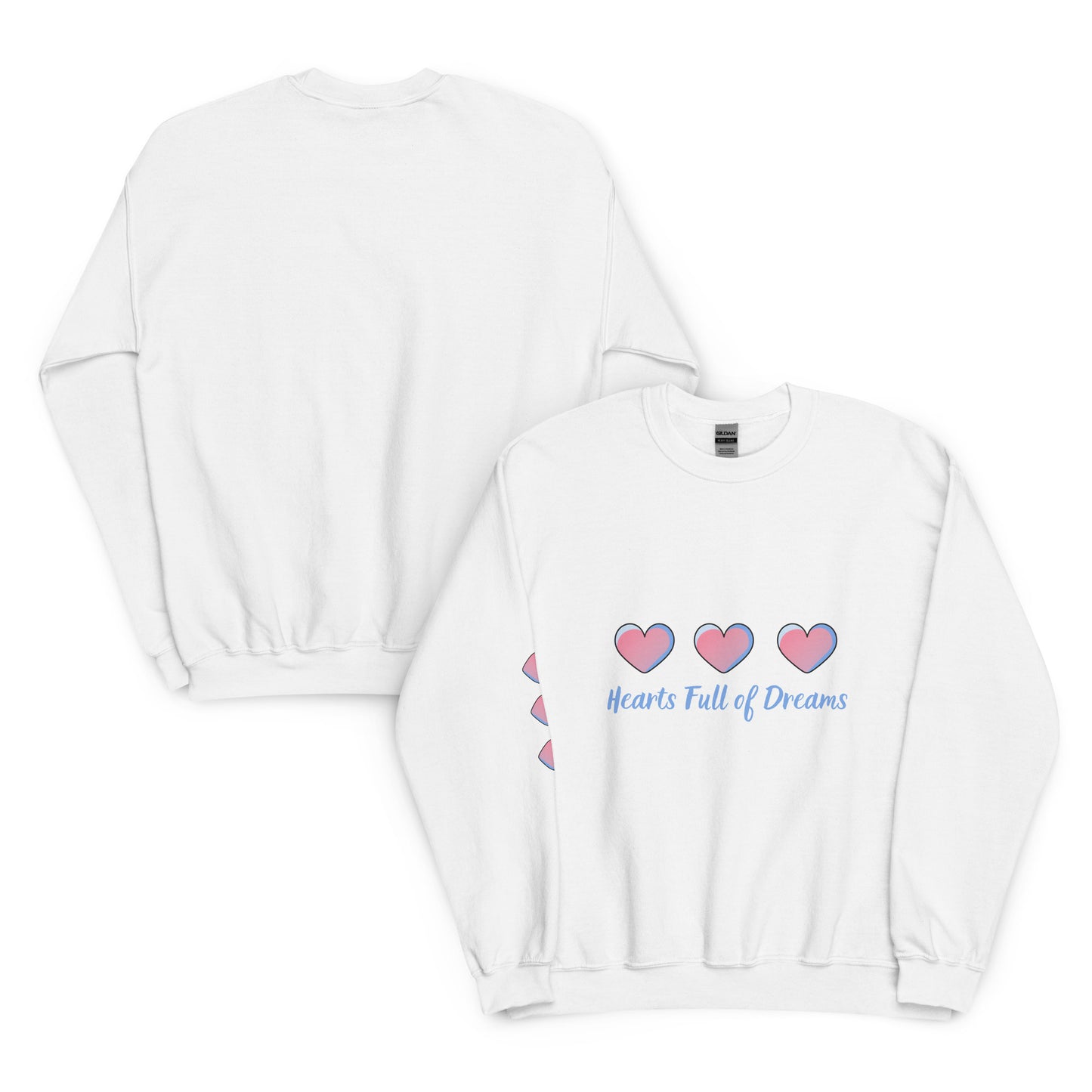 Flat lay of front and back view of a white crewneck sweatshirt with three pastel pink and blue hearts and the phrase “Hearts Full of Dreams” printed on the front