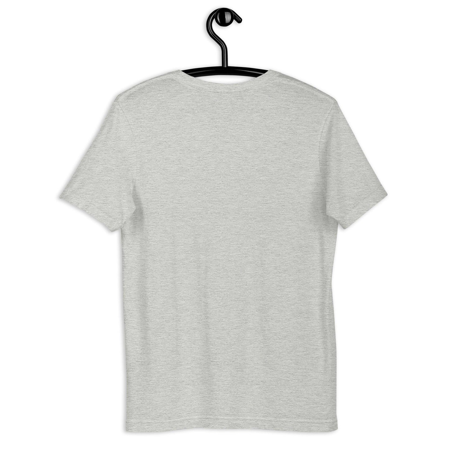 Back view of a light gray unisex t-shirt on hanger – plain design with soft fabric texture.