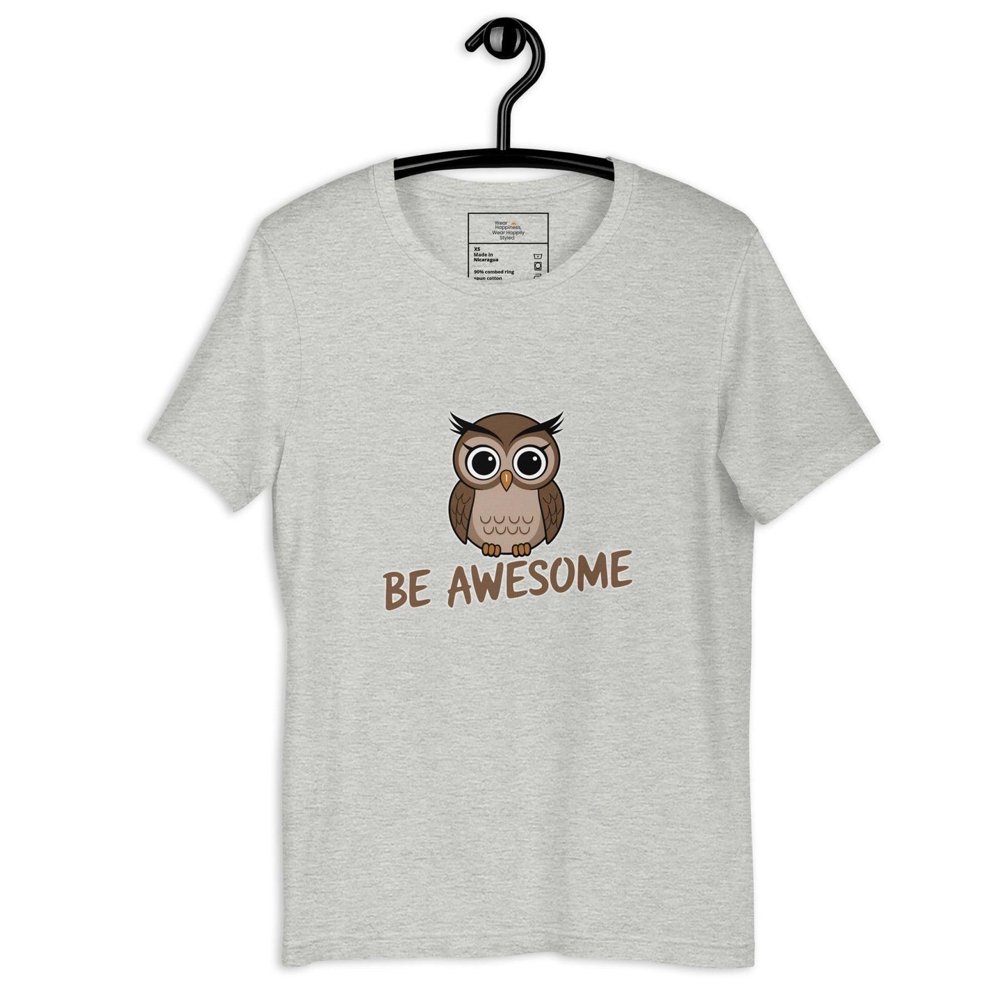 Light gray unisex t-shirt on hanger featuring a cute cartoon owl and the text “Be Awesome”