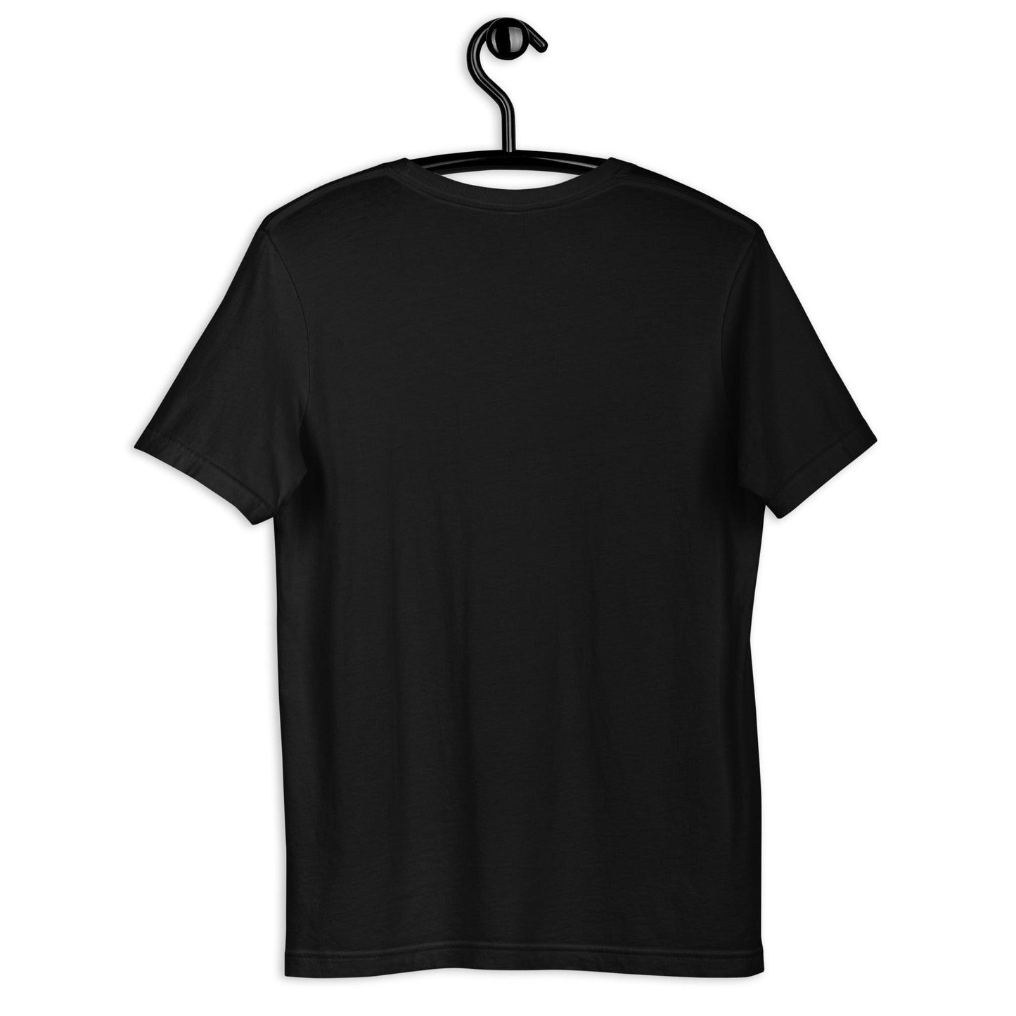 Black t-shirt hanging on a black clothes hanger.