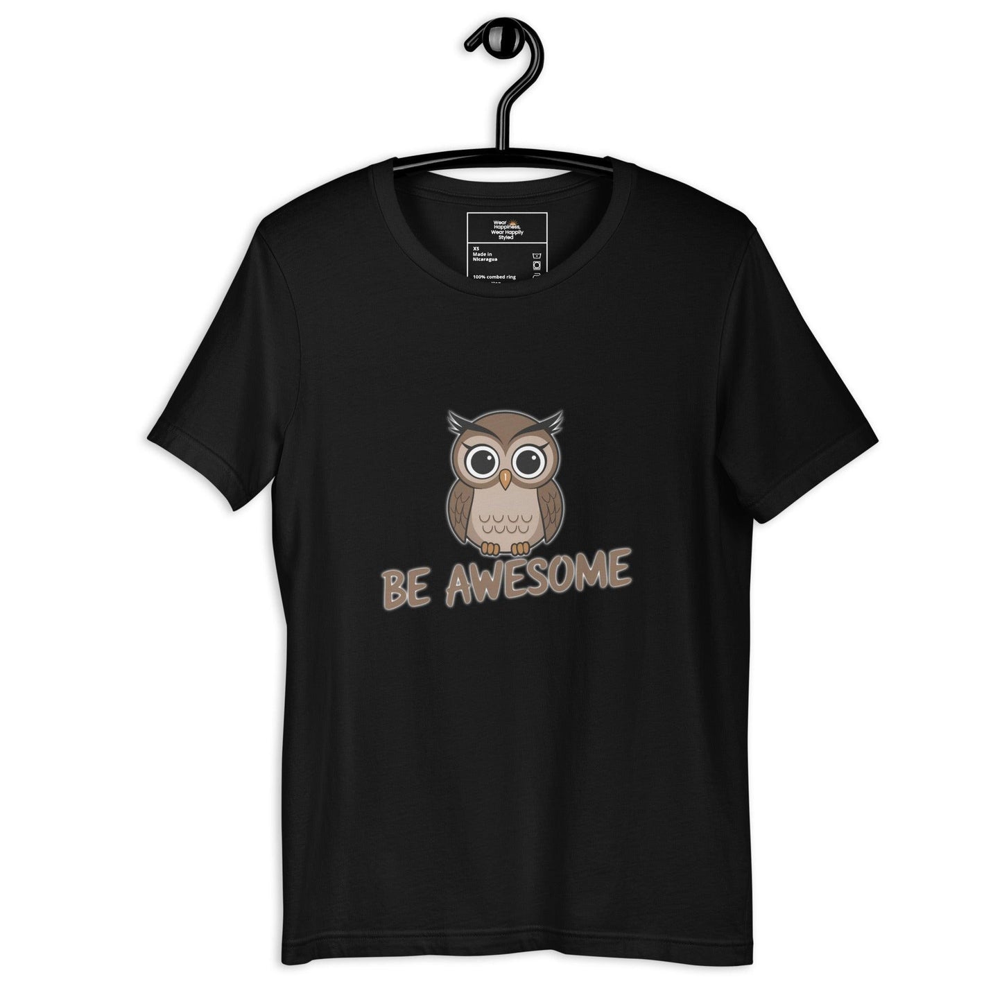 Black t-shirt featuring a cute cartoon owl above the words "Be Awesome."