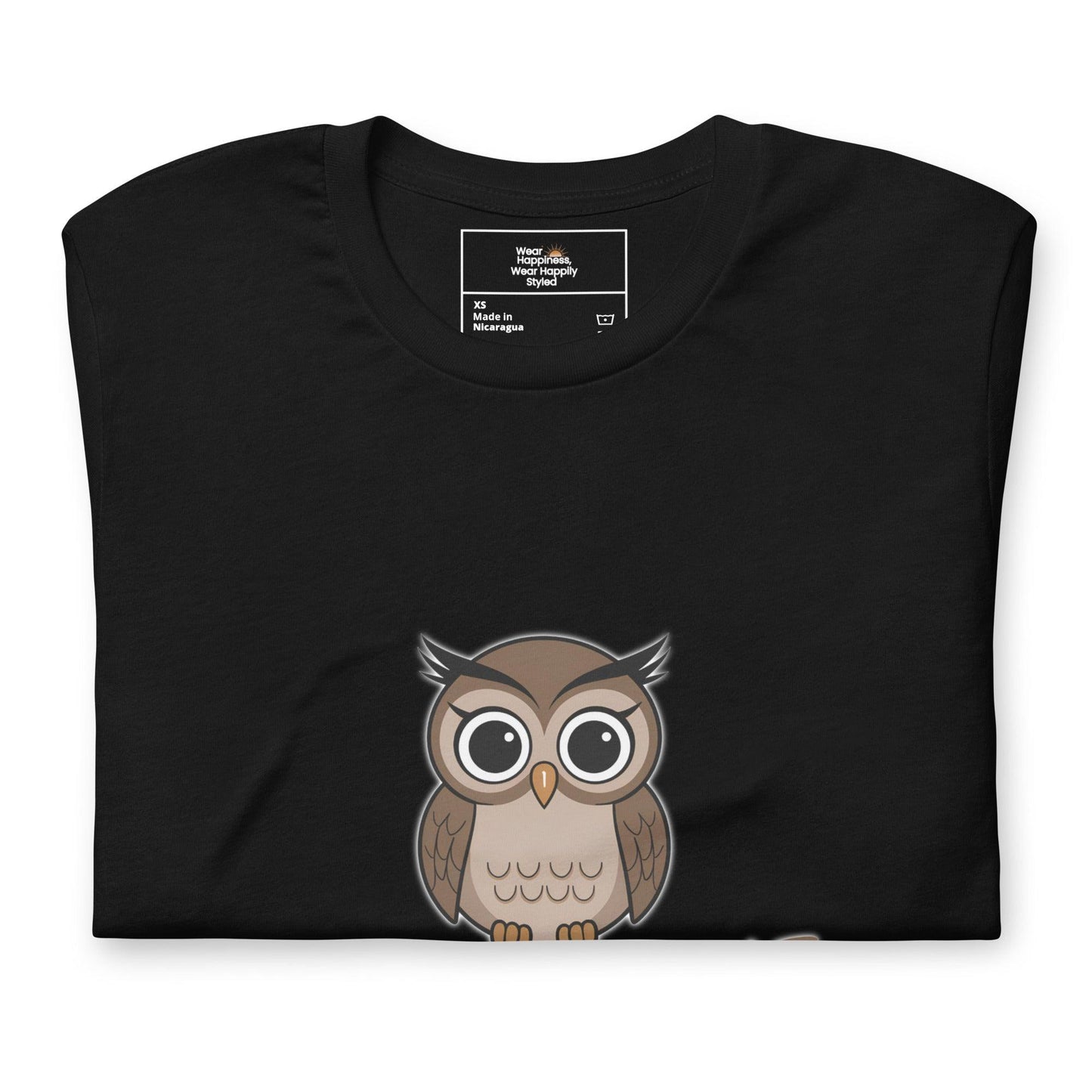 Black t-shirt featuring a cute cartoon owl with large, round eyes.