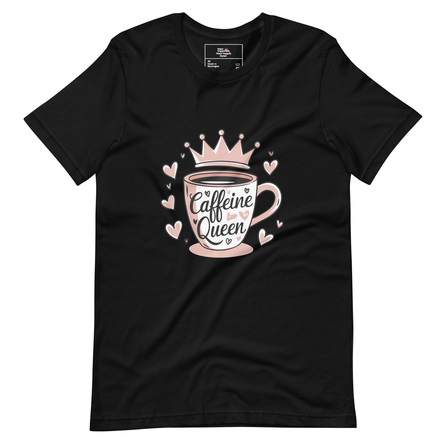 Flat lay of a black unisex t-shirt with a cute pink “Caffeine Queen” coffee cup design, placed on a white background