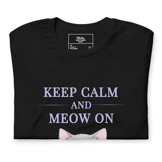 Folded black t-shirt with large “Keep Calm and Meow On” text and pink cat ears peeking from the bottom