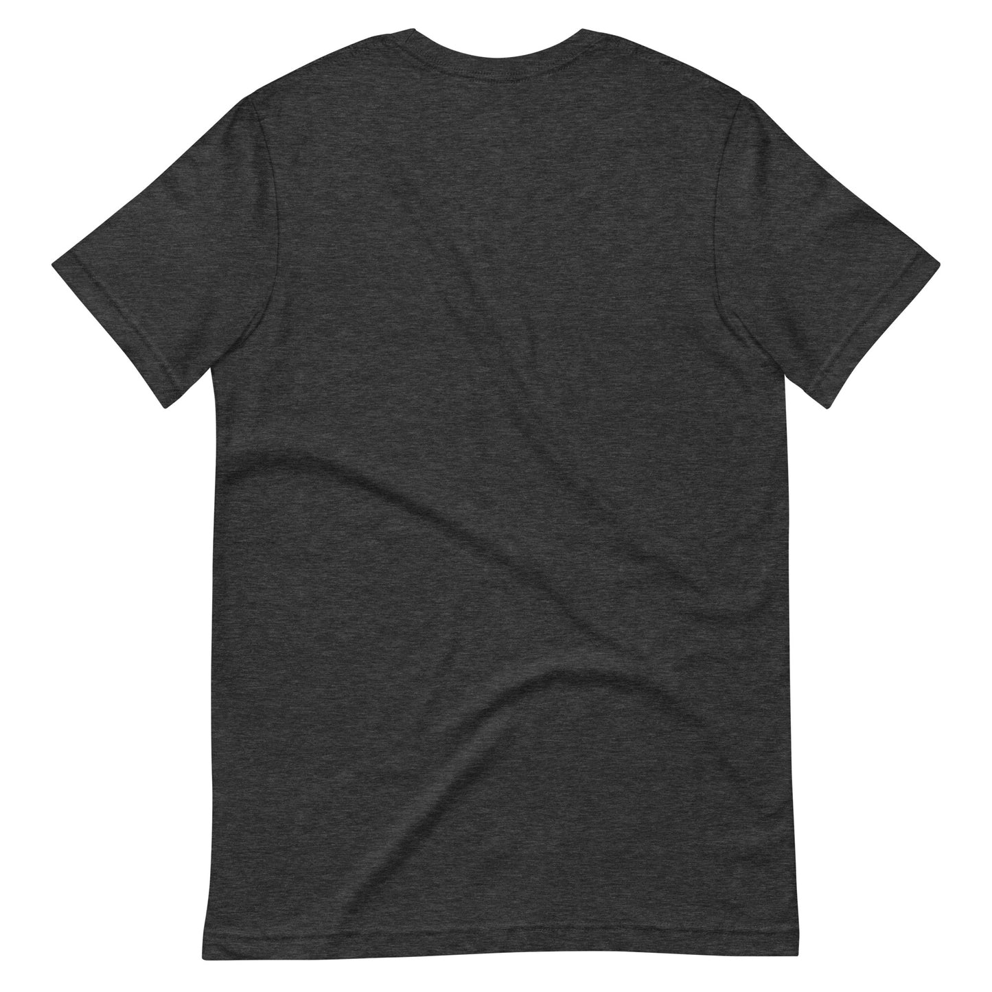 Back view of a unisex heather dark grey t-shirt displayed on a white background – minimalist comfy style for everyday wear.