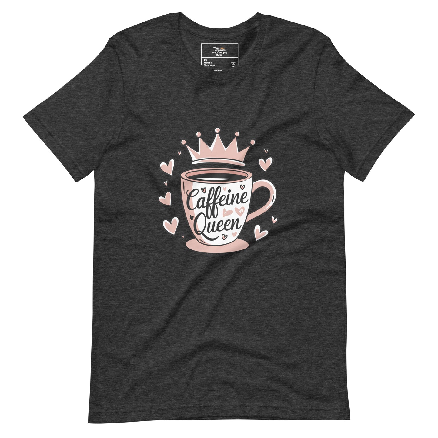Flat lay of a heather dark grey unisex t-shirt with a cute pink “Caffeine Queen” coffee cup design, placed on a white background
