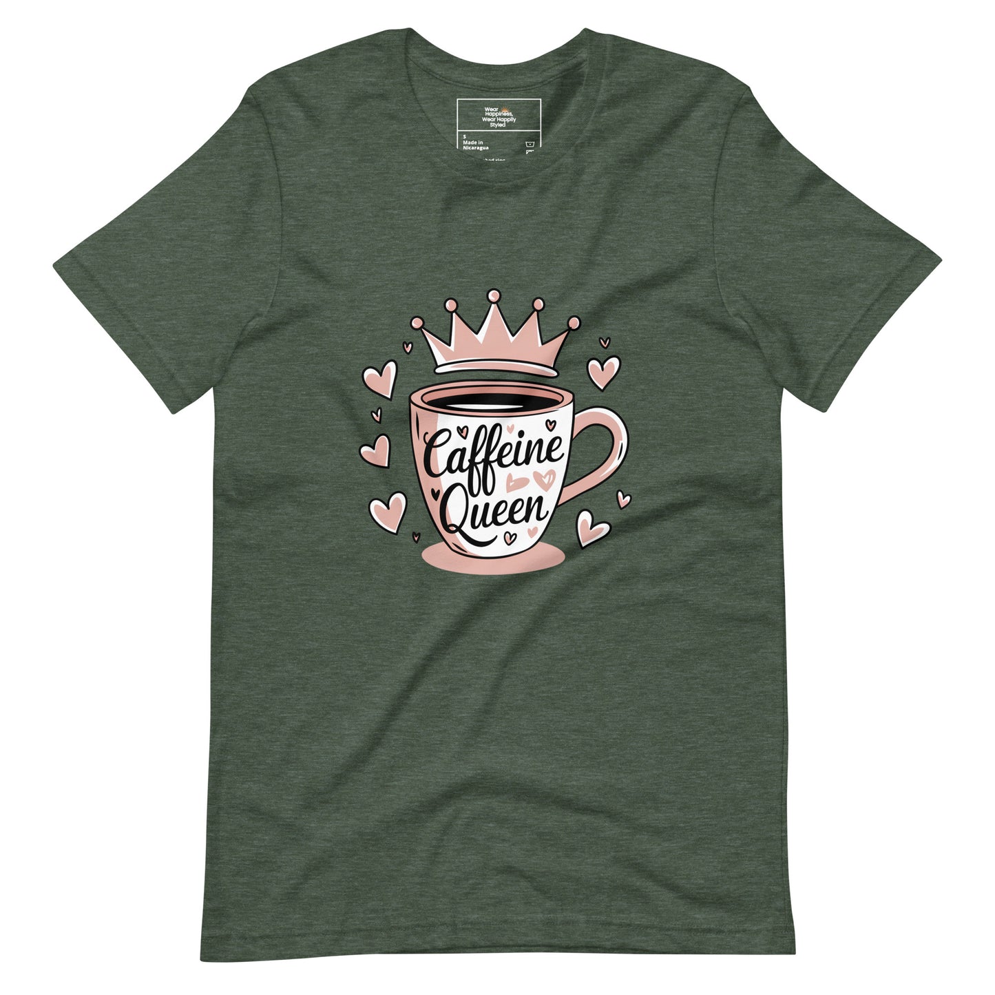 Flat lay of a heather forest green unisex t-shirt with a cute pink “Caffeine Queen” coffee cup design, placed on a white background
