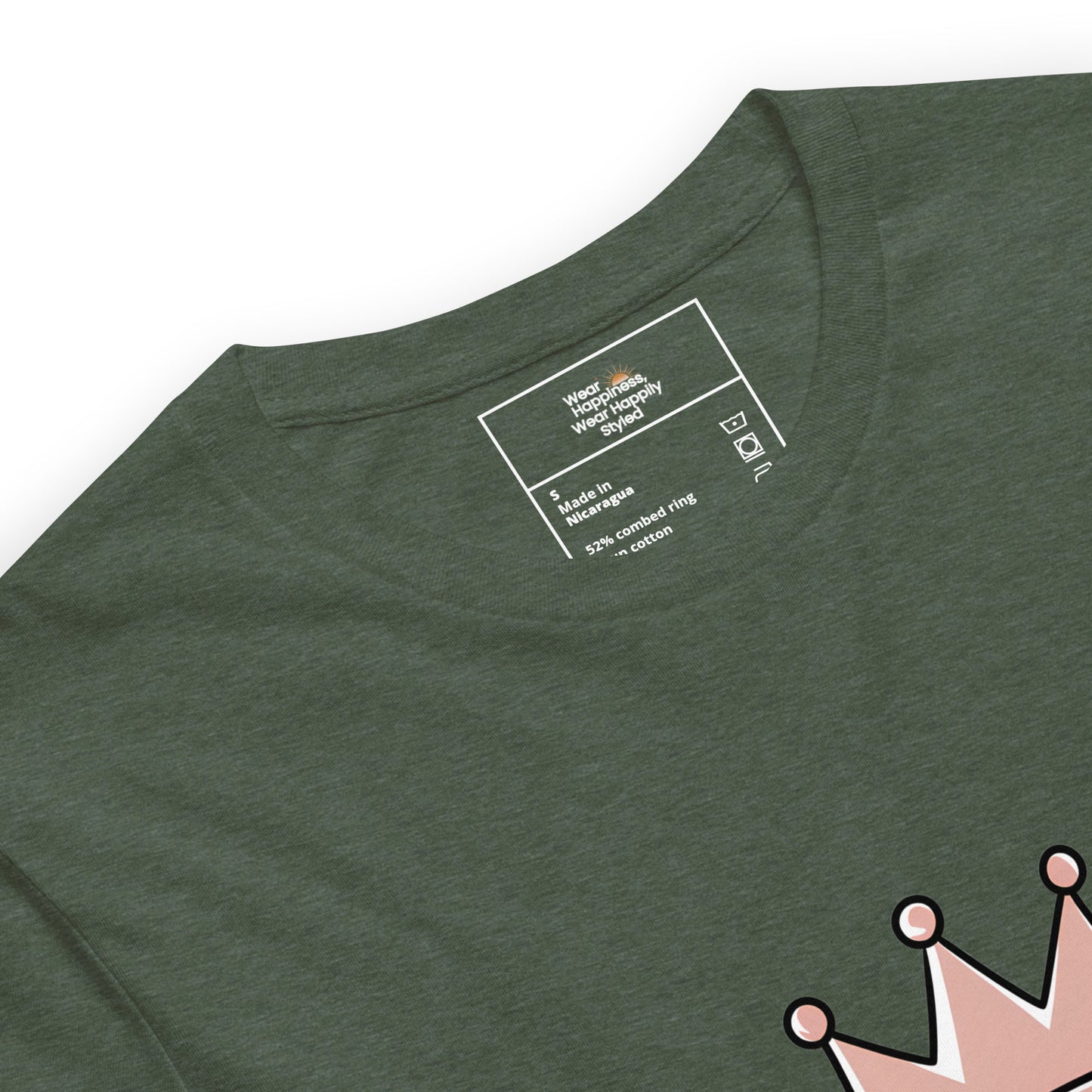 CaffeClose-up of a heather forest green unisex t-shirt showing printed inner label and partial “Caffeine Queen” crown design