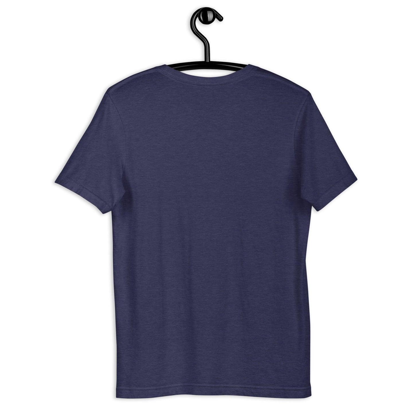 Back view of a navy blue unisex t-shirt on hanger – plain design with soft fabric texture.