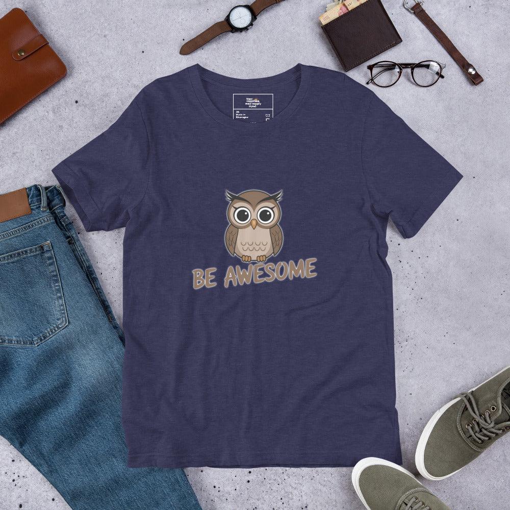 Navy blue t-shirt featuring a cute cartoon owl and the motivational slogan "Be Awesome".
