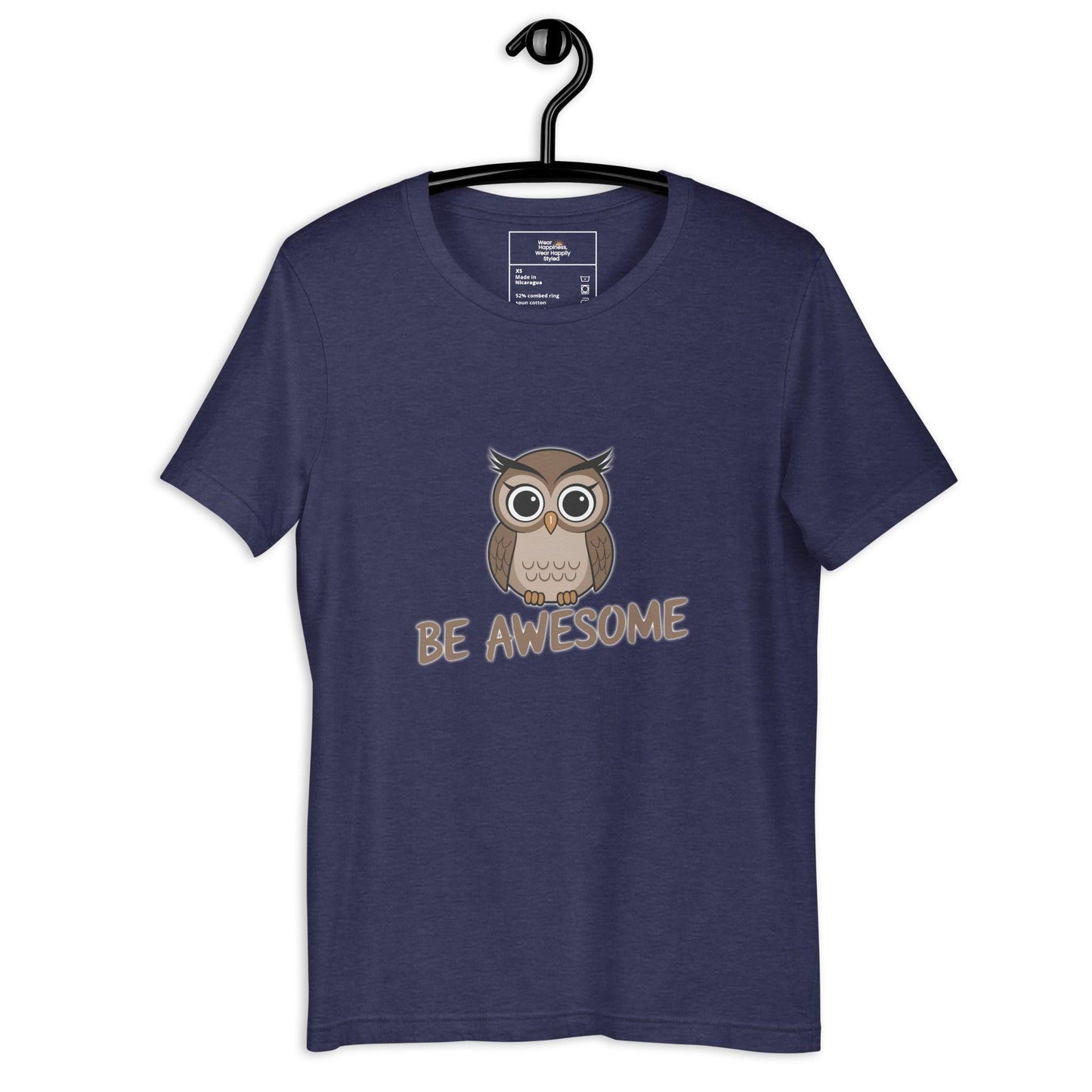 Navy blue unisex t-shirt on hanger featuring a cute cartoon owl and the text “Be Awesome”