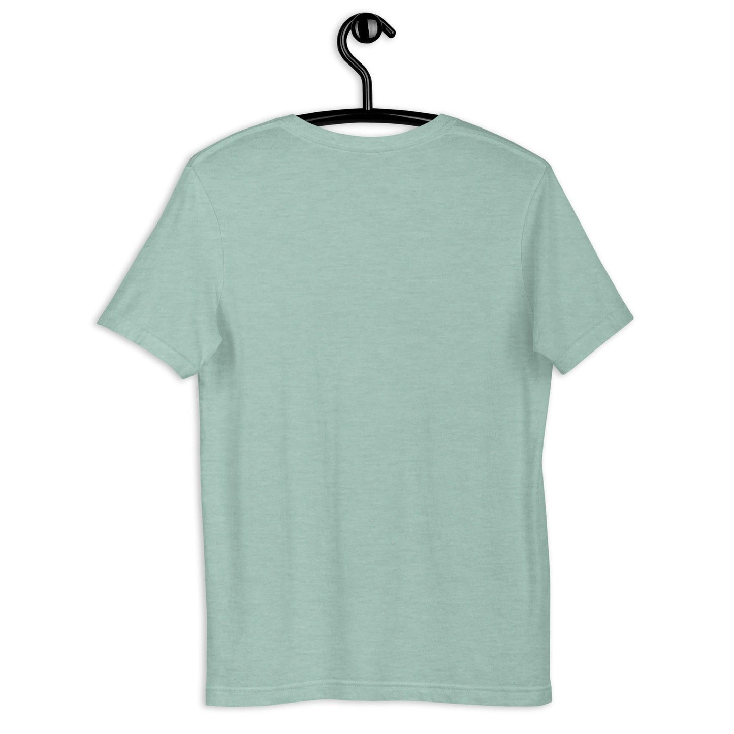Back view of a dusty blue unisex t-shirt on hanger – plain design with soft fabric texture.