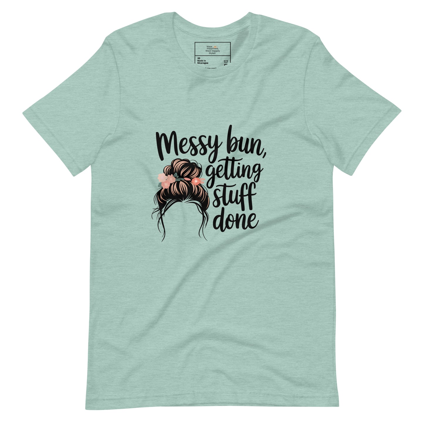 Dusty blue t-shirt with black text that says 'Messy Bun, Getting Stuff Done' and a messy bun illustration on a white background