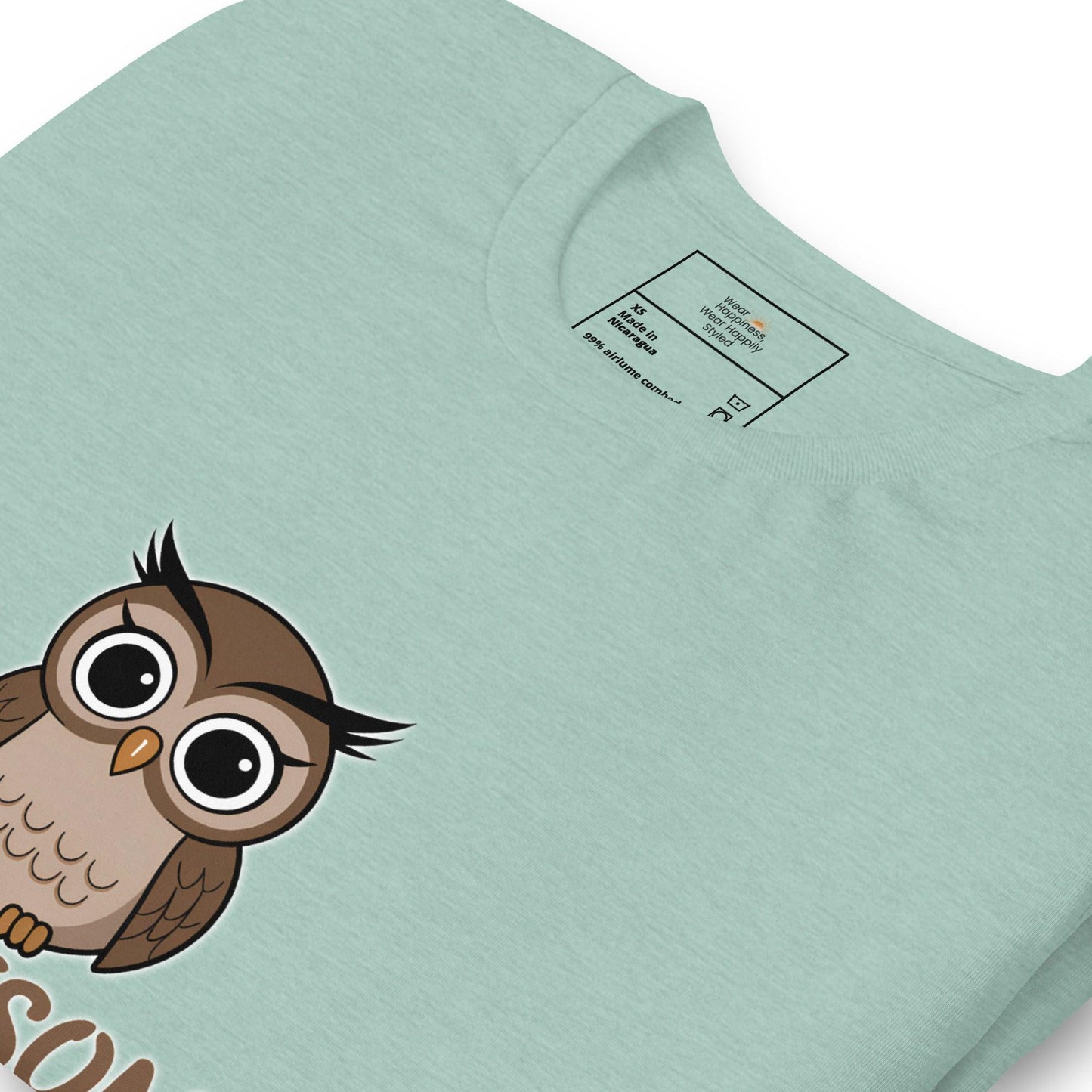 Close-up of a dusty blue t-shirt with a cute cartoon owl graphic peeking from the bottom – whimsical and fun design for owl lovers.