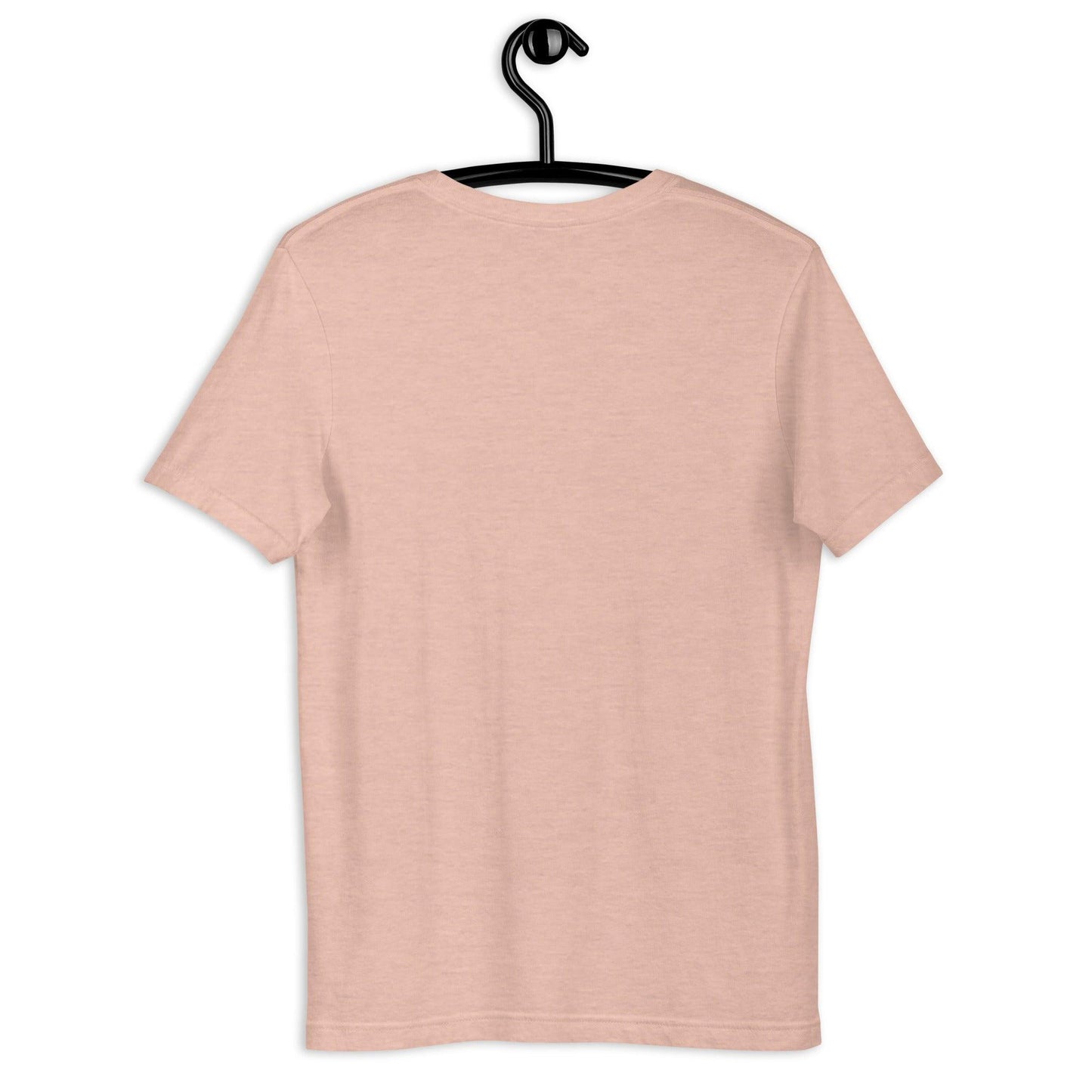 Back view of a heather peach unisex t-shirt on hanger – plain design with soft fabric texture.