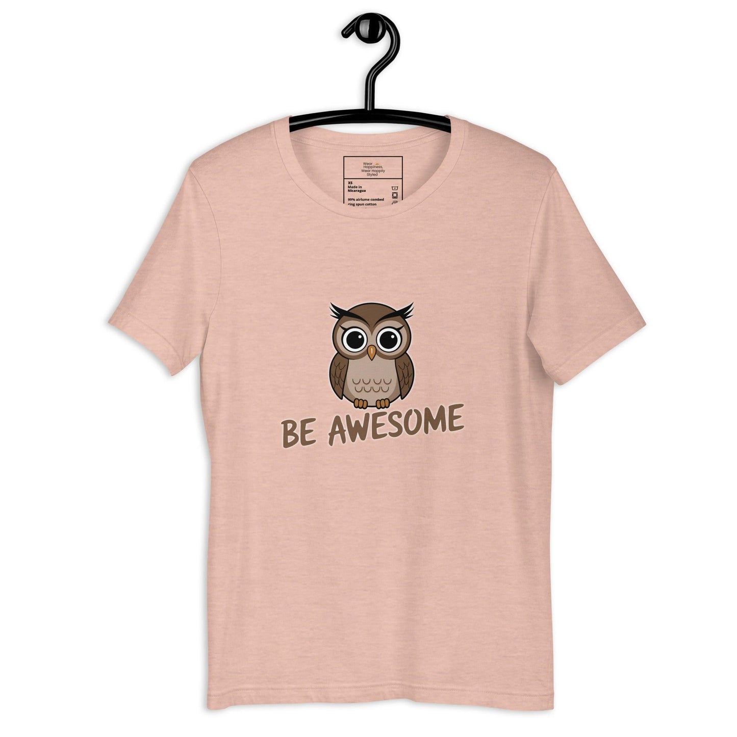 Heather peach unisex t-shirt on hanger featuring a cute cartoon owl and the text “Be Awesome”