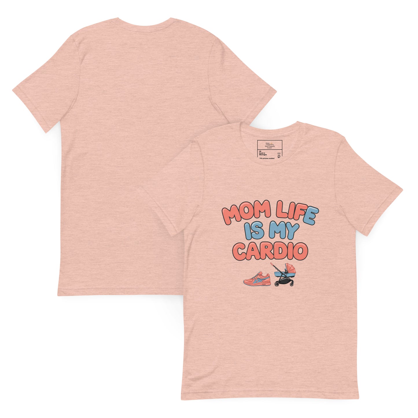 Heather peach unisex t-shirt shown front and back; front features playful pastel text that reads 'Mom Life Is My Cardio' with illustrations of running shoes and a pacifier.