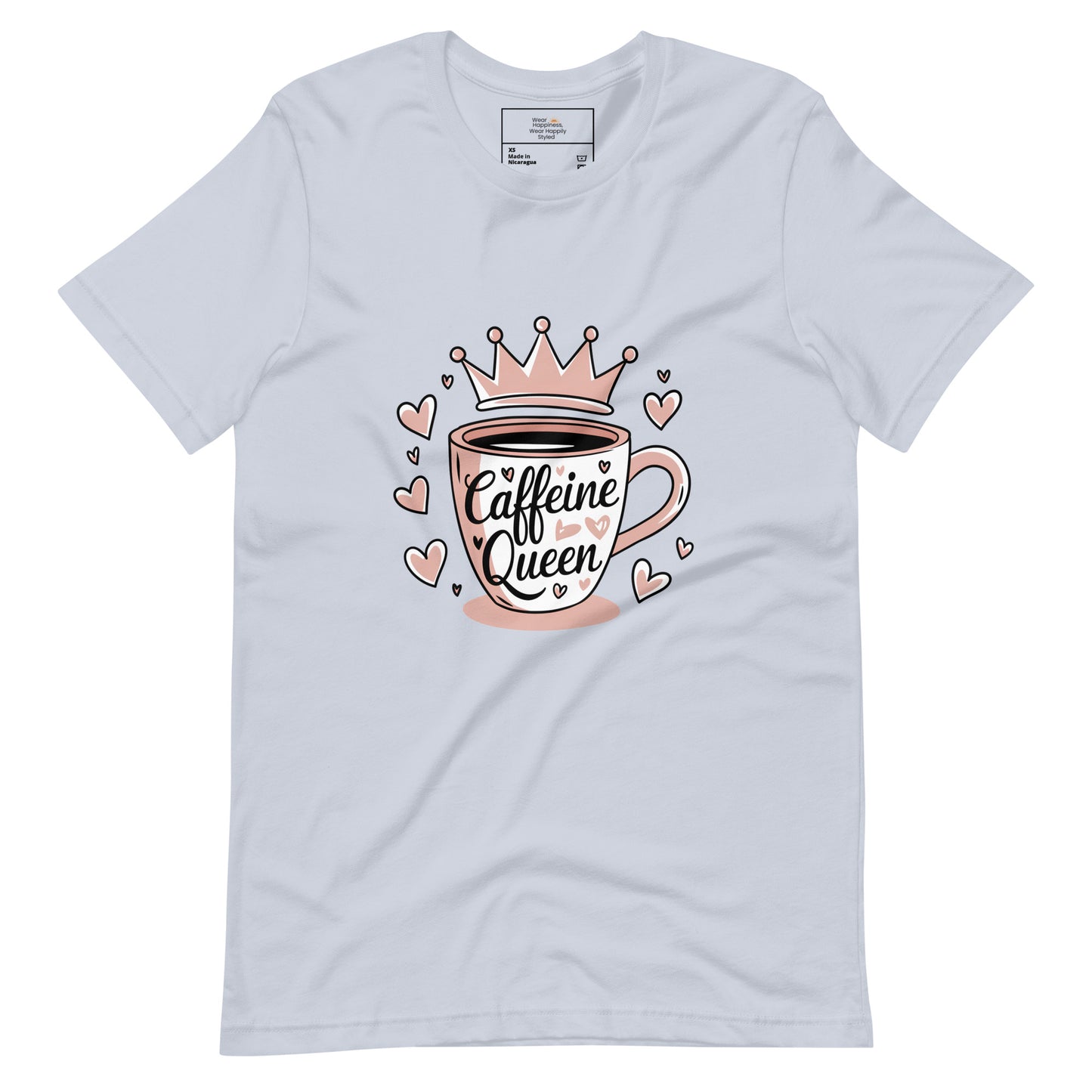 Flat lay of a light blue unisex t-shirt with a cute pink “Caffeine Queen” coffee cup design, placed on a white background