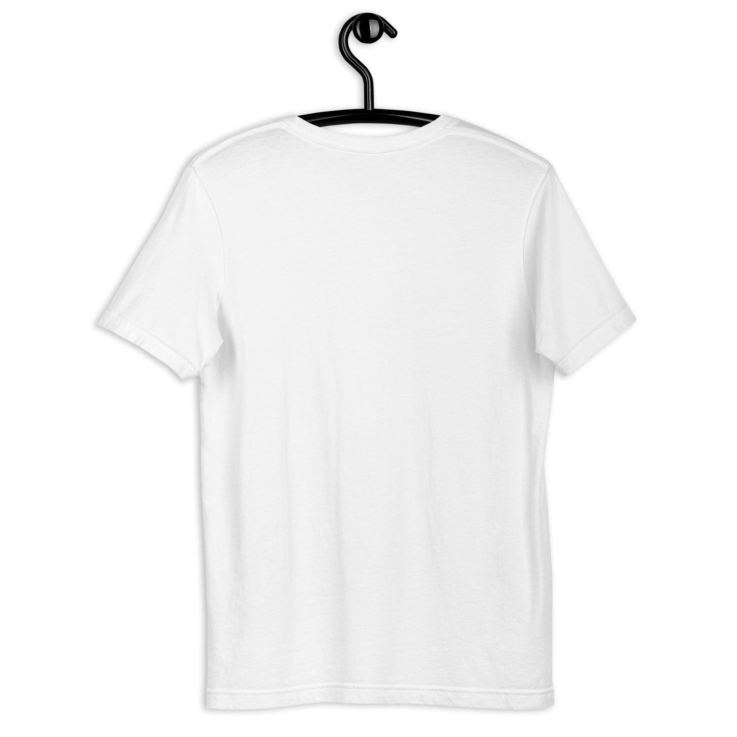 Back view of a white unisex t-shirt on hanger – plain design with soft fabric texture.