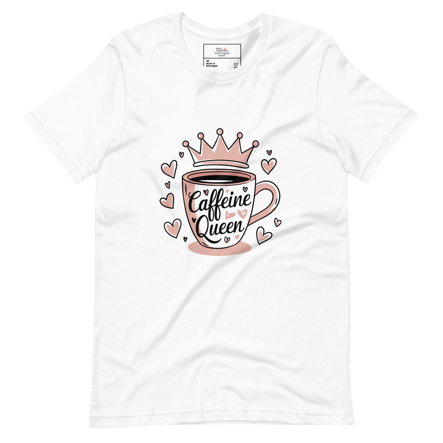 Flat lay of a white unisex t-shirt with a cute pink “Caffeine Queen” coffee cup design, placed on a white background