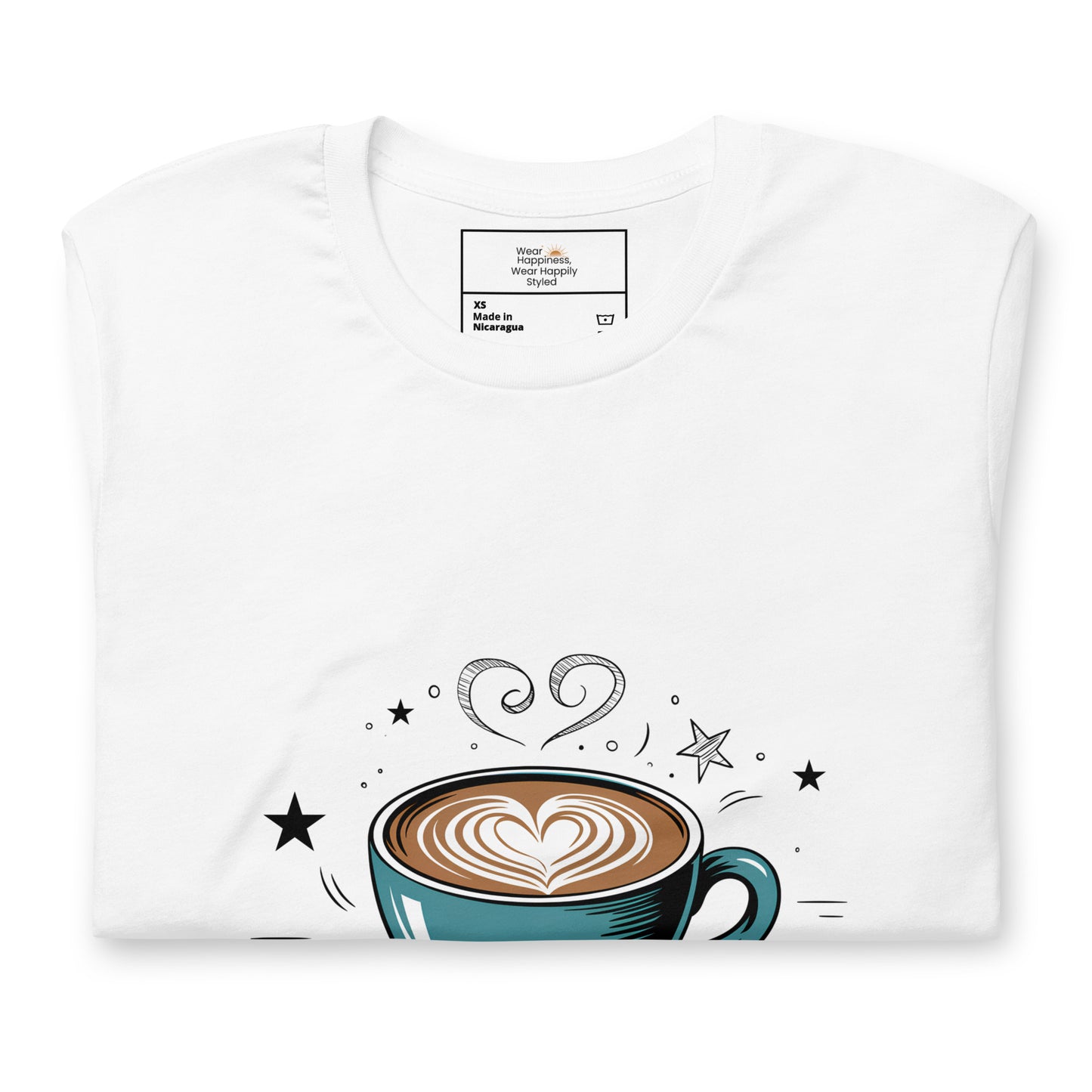 Folded white t-shirt with cute latte art coffee cup and whimsical star
