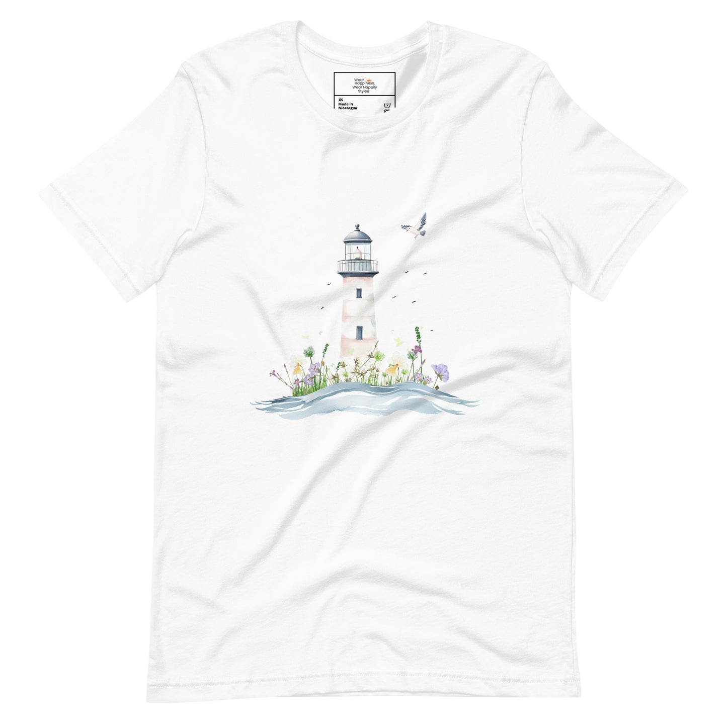 White-colored t-shirt laid flat featuring a serene lighthouse illustration with floral details and a seagull in flight, designed for peaceful mom style.
