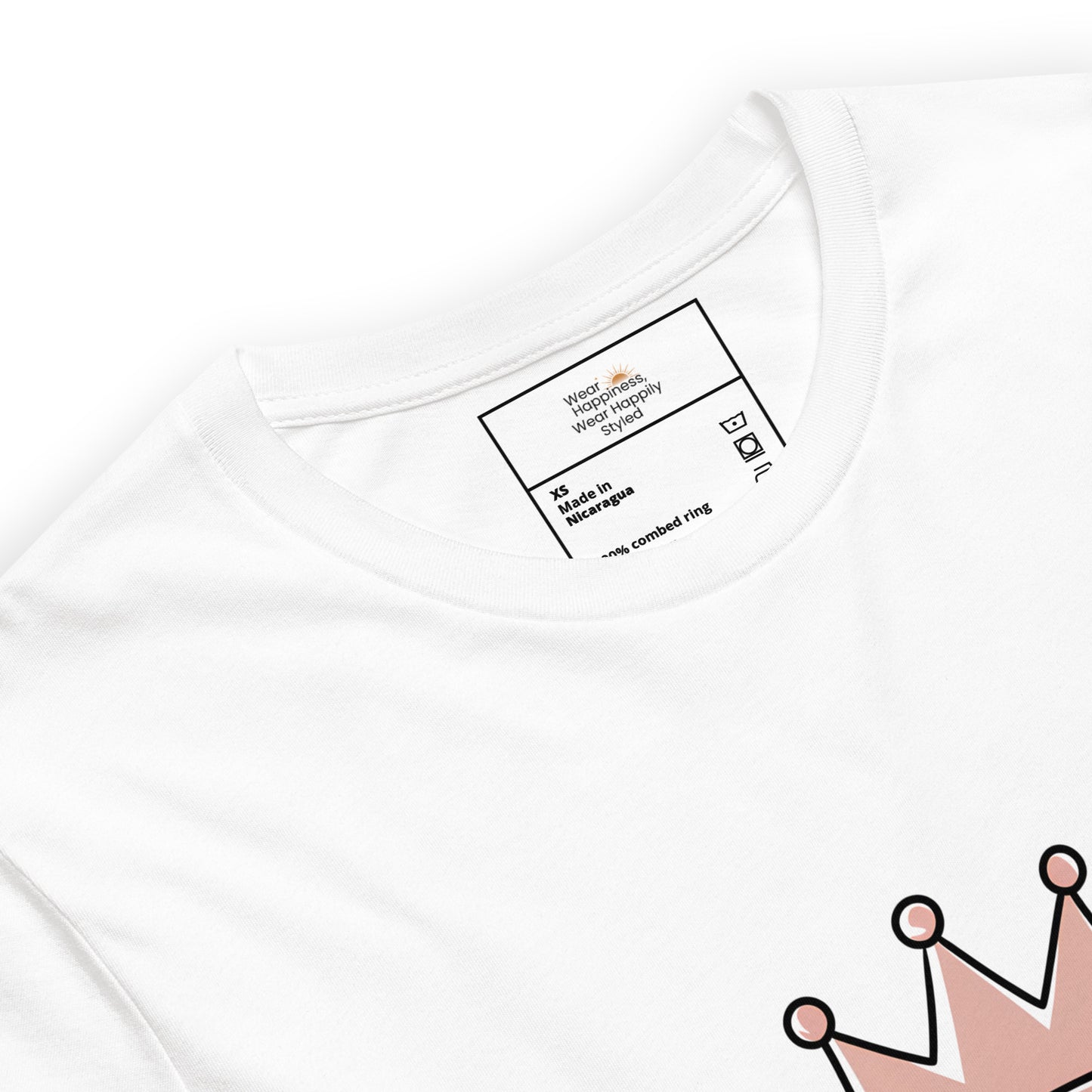 Close-up of a white unisex t-shirt showing printed inner label and partial “Caffeine Queen” crown design
