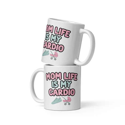 Two stacked white mugs with “Mom Life Is My Cardio” text in bold pastel colors, featuring icons of a sneaker and stroller.