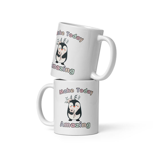 Two stacked white ceramic mugs with the phrase 'Make Today Amazing' and a cute penguin couple illustration