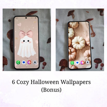 Two smartphone screens displaying Halloween-themed wallpapers with a ghost and pumpkins on a patterned background.
