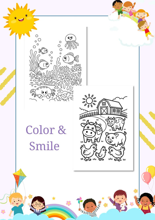 Cover image of a kids' coloring pages bundle featuring sea life and farm animals with cute illustrations and cheerful border design.