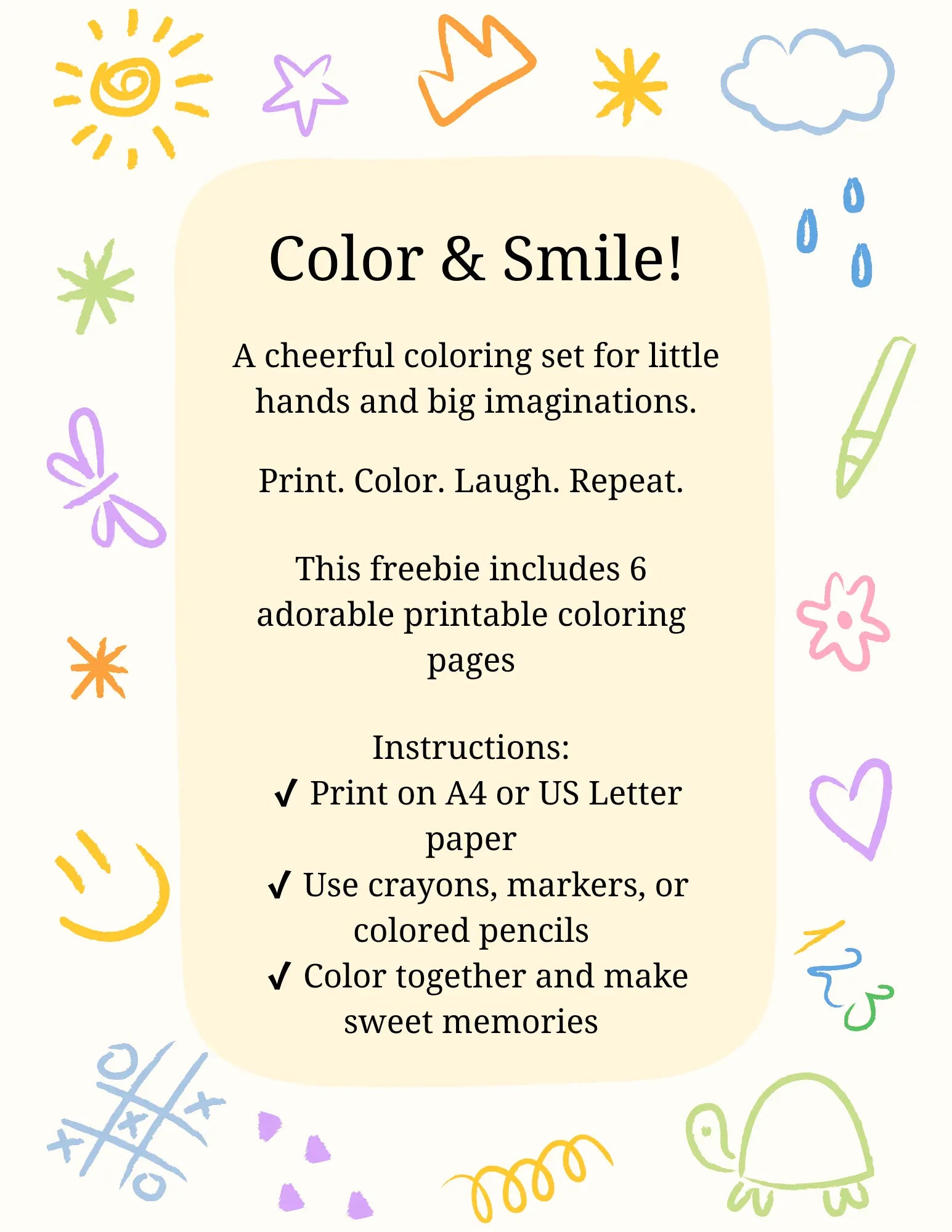 Introductory page of the “Color & Smile” coloring set with pastel doodles, highlighting what's included and how to use the printable.