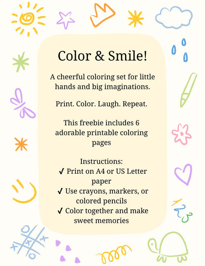 Introductory page of the “Color & Smile” coloring set with pastel doodles, highlighting what's included and how to use the printable.