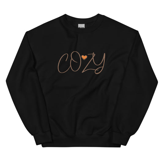 Black sweatshirt with 'COZY' text on a white background