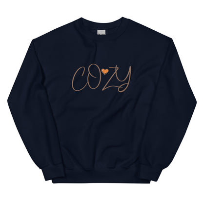 Navy blue sweatshirt with 'COZY' text on a white background