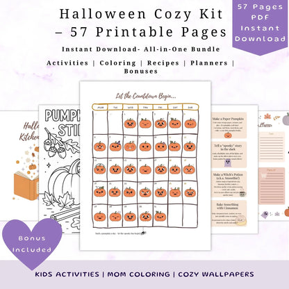 Halloween Cozy Kit with printable pages for kids activities, coloring, and recipes on a white background.