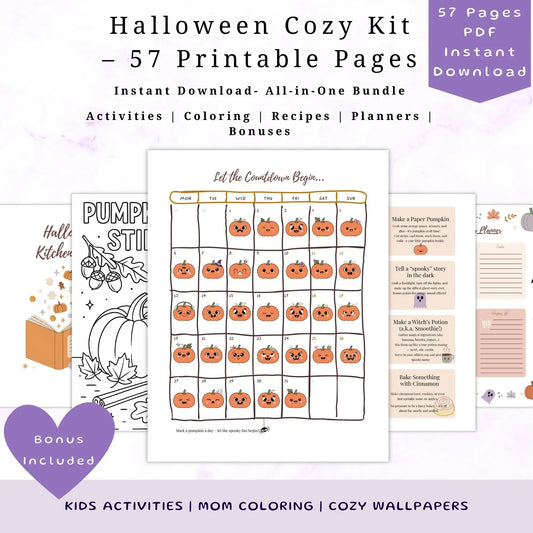 Halloween Cozy Kit with printable pages for kids activities, coloring, and recipes on a white background.