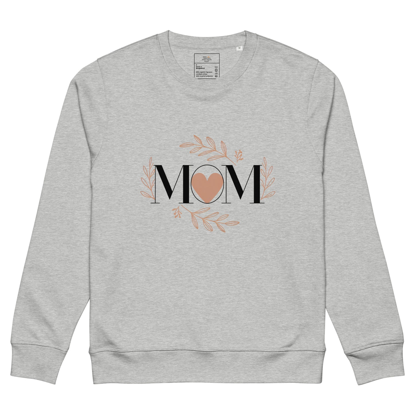 Heather grey sweatshirt with 'MOM' text and heart design surrounded by floral elements