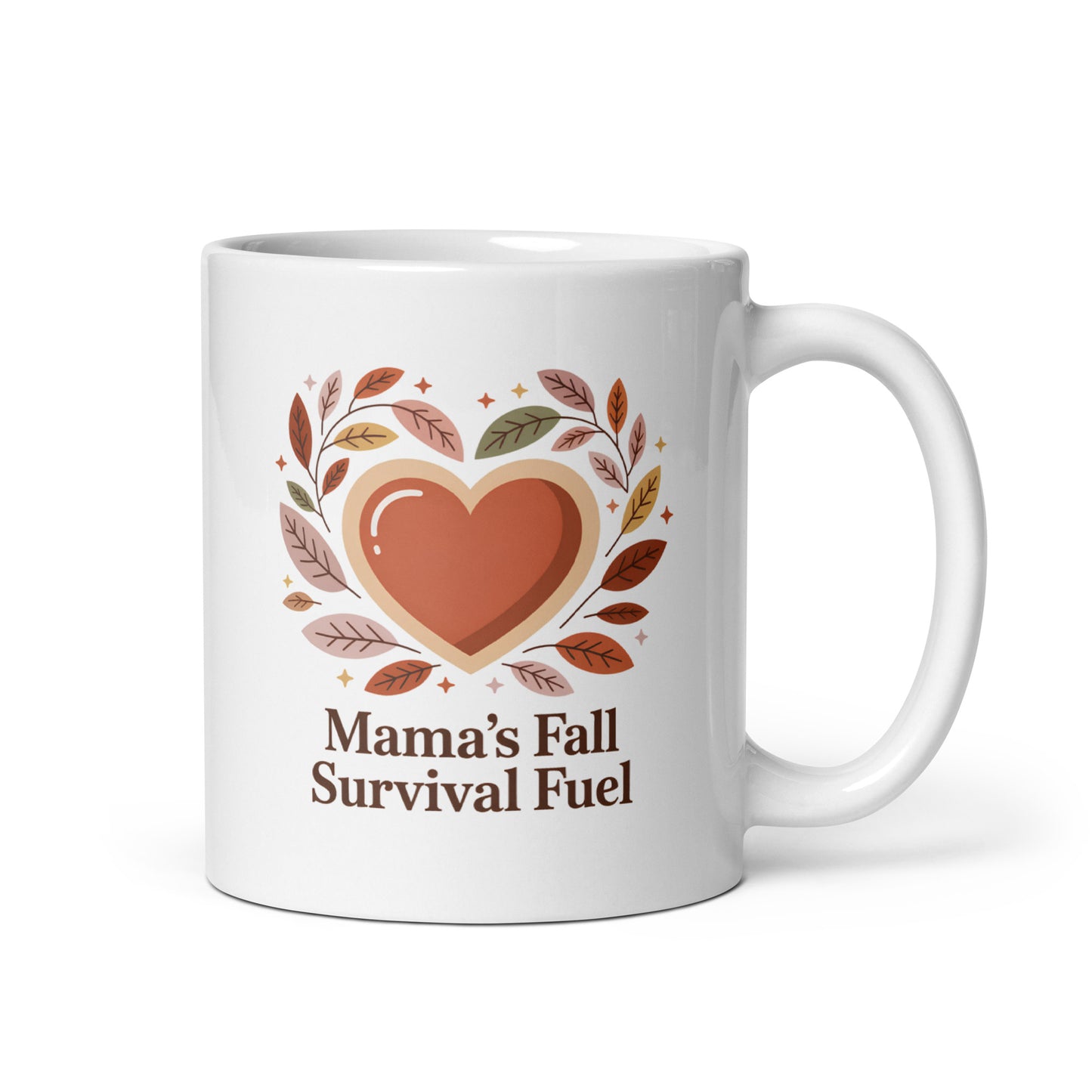 White mug with a heart design and text 'Mama's Fall Survival Fuel' on a white background