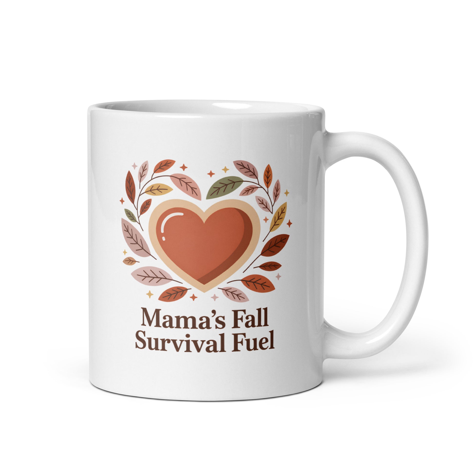 White mug with a heart design and text 'Mama's Fall Survival Fuel' on a white background