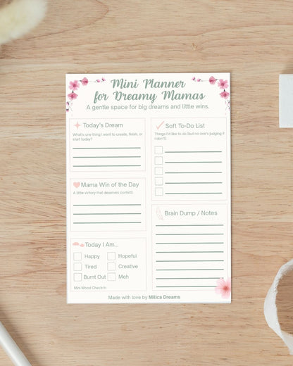 Free printable daily planner sheet for moms – Mini Planner for Dreamy Mamas with floral design, soft goals, to-do list, and mood check