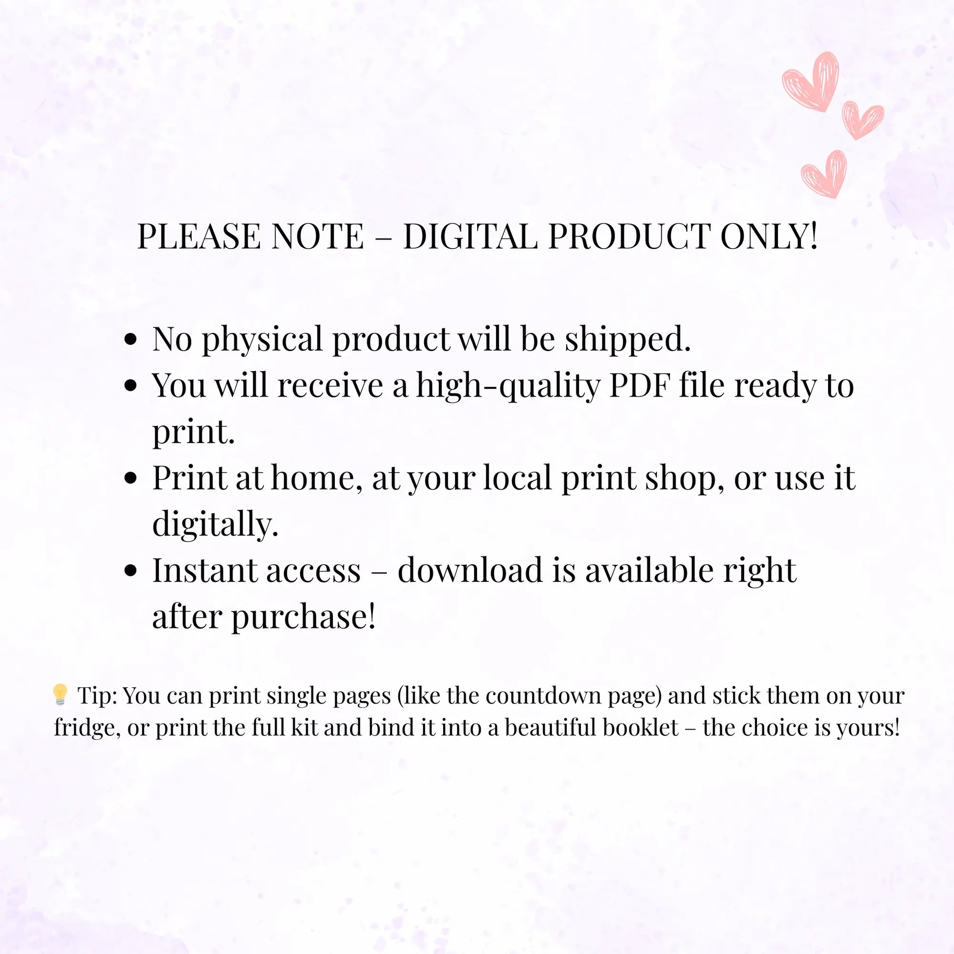 Text explaining that it's a digital product only no shipping with a light pink background and heart shapes.
