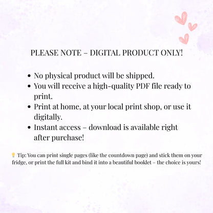 Text explaining that it's a digital product only no shipping with a light pink background and heart shapes.