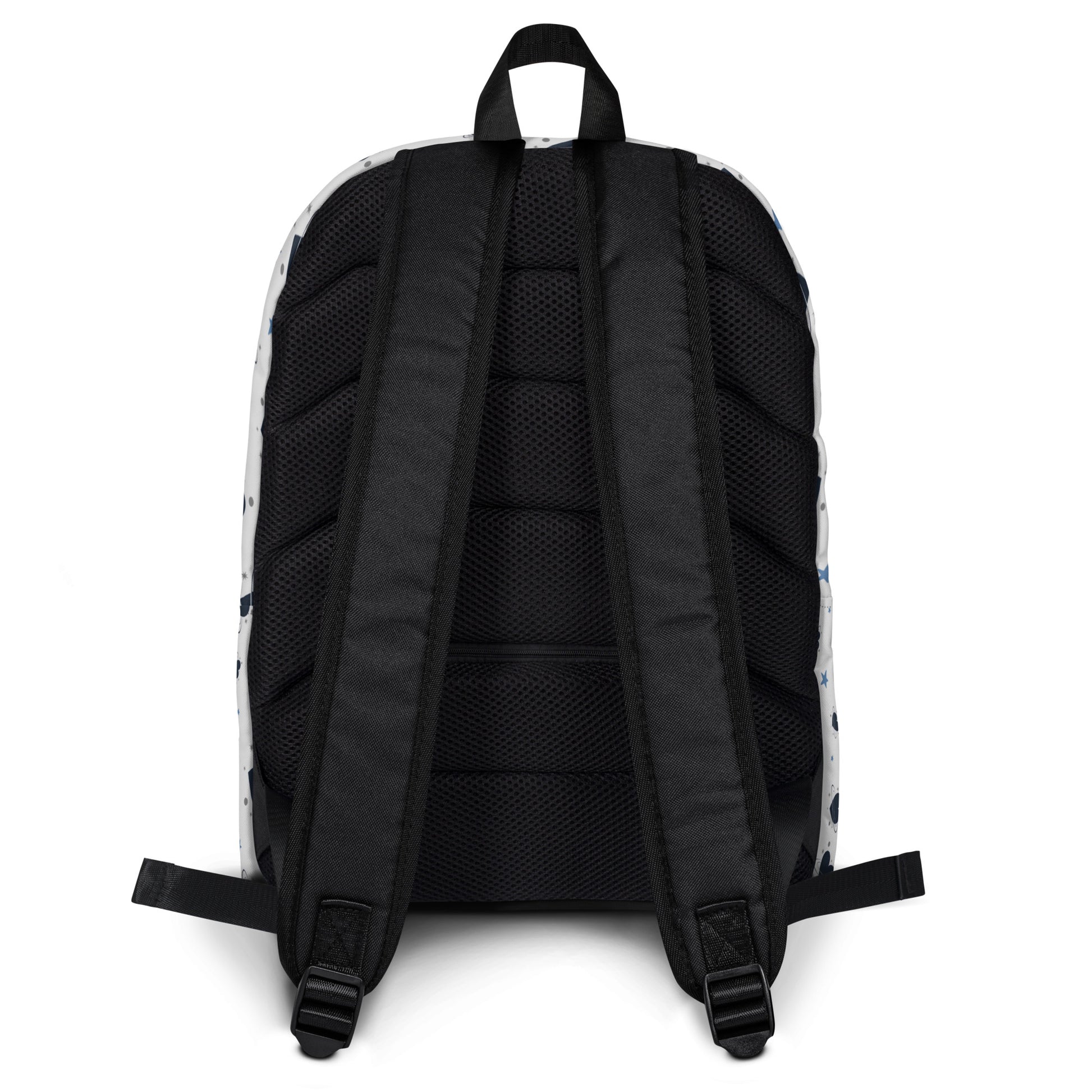 White backpack with all-over navy heart and star pattern-back of the backpack